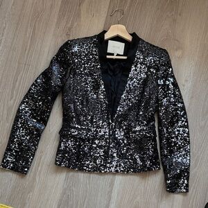 Maje Sparkling Black & Silver Sequin Short Blazer fully lined in Satin.